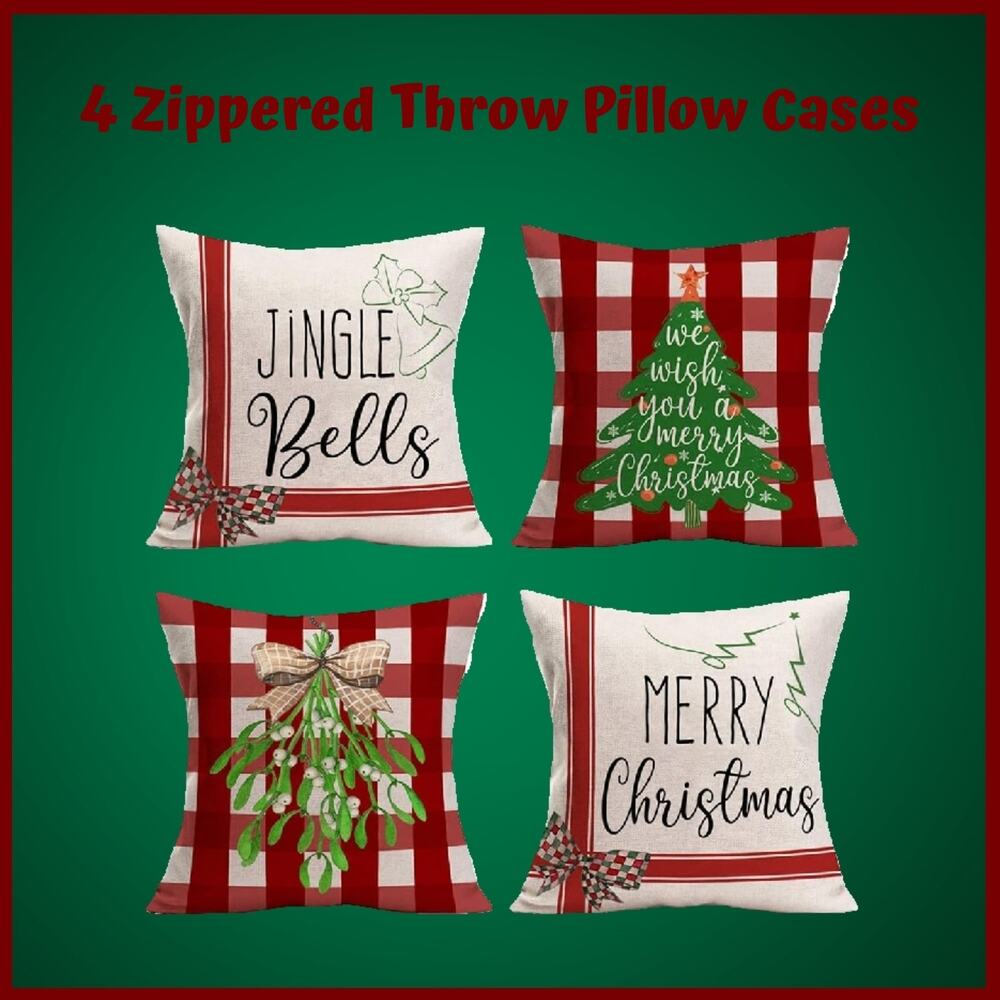 Set of 4 Merry Christmas Bows & Plaid Zippered Throw Pillow Covers 22x22 Inch